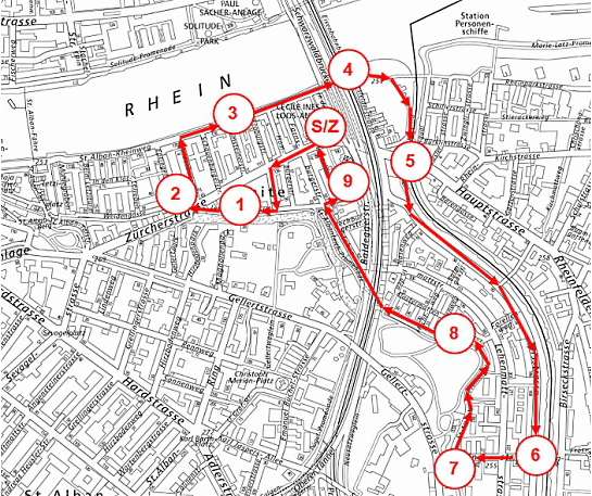 Breite-Rundgang in 5 Stationen; Start beim St. Alban-Tor, Ziel an der Redingstrasse. Karte Breite-Rundgang, Basel