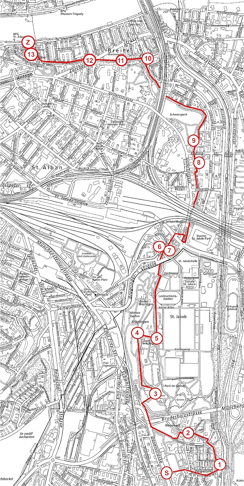 Karte zum historischen Spaziergang St. Alban-Teich in 13 Stationen